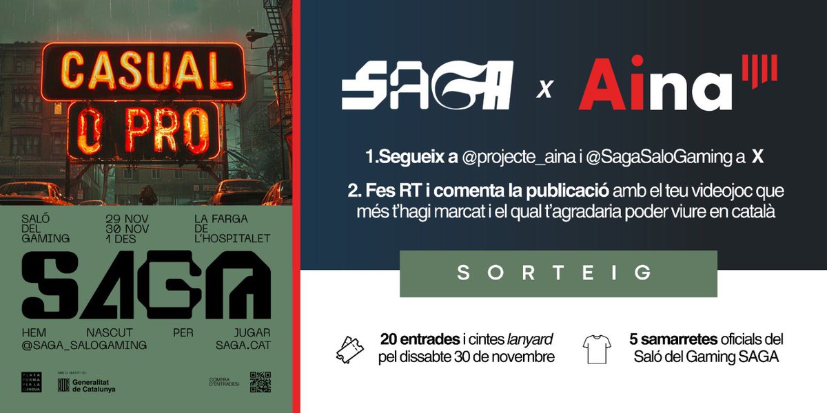 projecte_aina's tweet photo. 👾 #SAGA24 Vine al @SagaSaloGaming amb el Projecte Aina! 

🔴 Sortegem 20 entrades pel dissabte 30 de novembre. També podràs aconseguir una samarreta oficial del SAGA!

👉 Fes RT i comenta explicant quin és el videojoc que més t'ha marcat i el qual voldries viure en català. https://t.co/iKL7mhEmGE