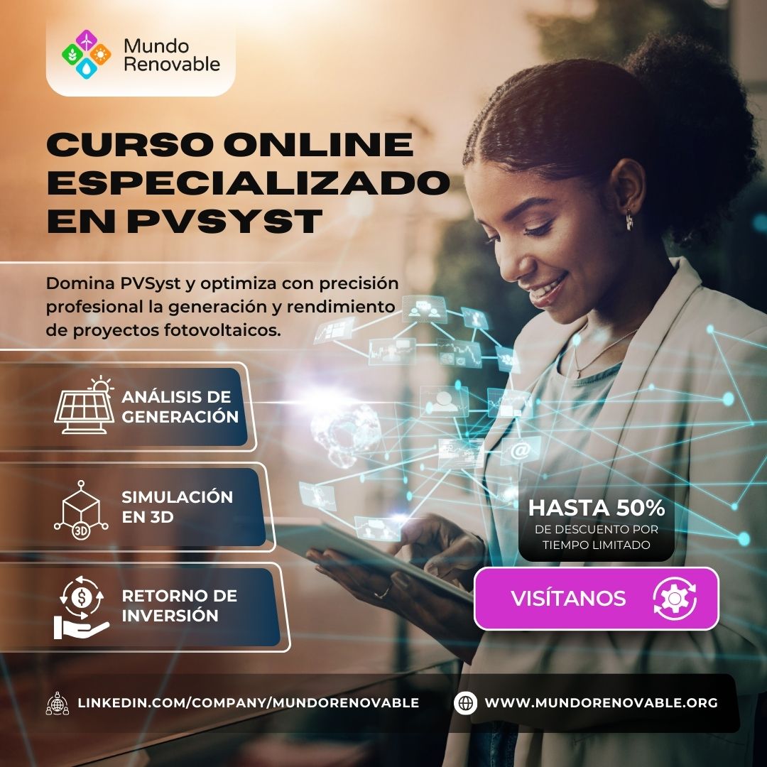 MundoRenovable_'s tweet image. 🌞 ¡Domina PVSyst y lleva tus proyectos solares al siguiente nivel! 🚀 Análisis de generación, simulación en 3D y retorno de inversión en nuestro Curso Especializado en PVSyst. ¡Hasta 50% de descuento! ⚡️

🔗 mundorenovable.org/curso-en-linea…

#EnergíaRenovable #PVSyst #CursoOnline