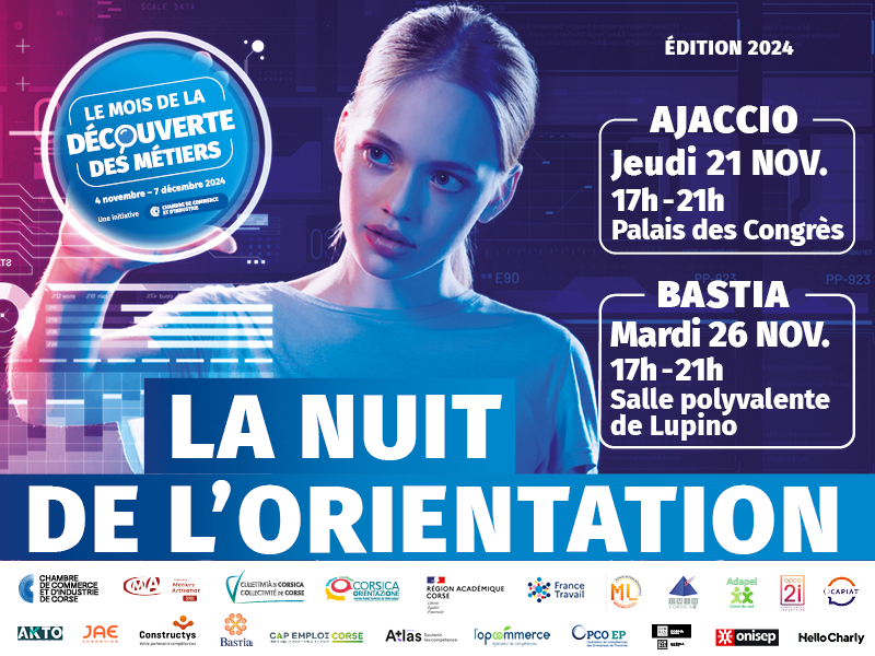 Explorez la Nuit de l'Orientation avec nous ! 🌙 Découvrez nos espaces dédiés pour permettre aux jeunes de choisir son avenir : 
💻Multimédia  💬Rencontres 🧑🏻‍💼Métiers 🔀Orientation  
Tout est prévu pour s’orienter sans stress !  
👉🏻 cci.corsica/nuit-orientati…