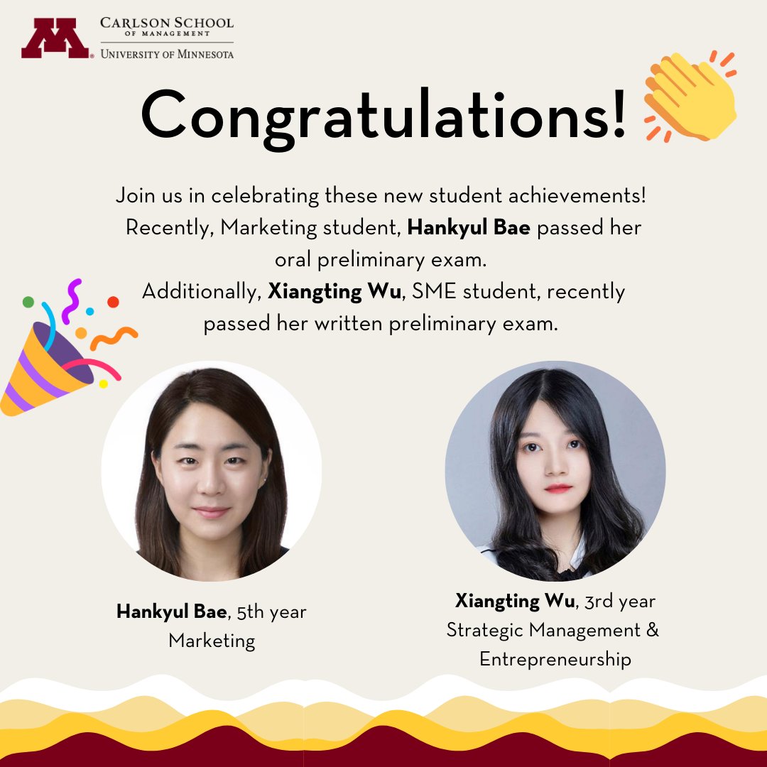 csom_phd's tweet image. Woo-hoo! Congrats on your recent progress in the program!👏We&apos;d like to congratulate Hankyul on passing her oral prelim and Xiangting on passing her written prelim! Great Work! #phd #csom🎊🥳