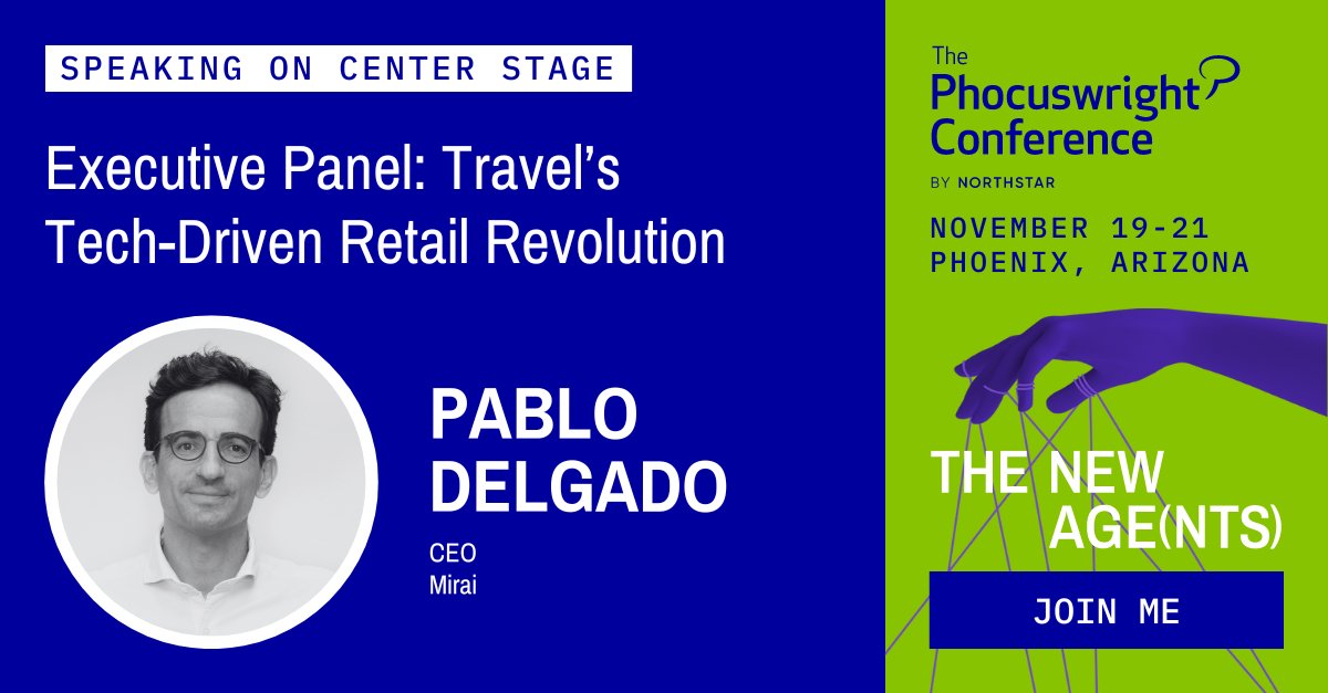 Mirai (@mirai4hotels) on Twitter photo Pablo Delgado will join the ‘Travel’s Tech-Driven Retail Revolution executive panel at the <a href="/Phocuswright/">Phocuswright</a> Conference 2024! He’ll be sharing the stage with industry leaders to discuss how #AI, new players and tendences are shaking up the landscape for travel shopping and buying. Pablo Delgado will join the ‘Travel’s Tech-Driven Retail Revolution executive panel at the <a href="/Phocuswright/">Phocuswright</a> Conference 2024! He’ll be sharing the stage with industry leaders to discuss how #AI, new players and tendences are shaking up the landscape for travel shopping and buying.
