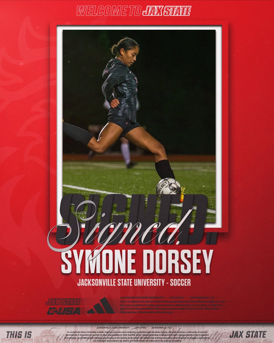 𝗝𝗮𝘅 𝗦𝘁𝗮𝘁𝗲 𝗦𝗼𝗰𝗰𝗲𝗿 ⚽️ (@jaxstatesoc) on Twitter photo Welcome to the Jax State family <a href="/SymoneDorsey/">Symone Dorsey</a> ! She joins the Gamecocks from Marietta, Ga. and preps at Lassiter HS...active on the club circuit with Atlanta Fire United! Welcome to the Jax State family <a href="/SymoneDorsey/">Symone Dorsey</a> ! She joins the Gamecocks from Marietta, Ga. and preps at Lassiter HS...active on the club circuit with Atlanta Fire United!