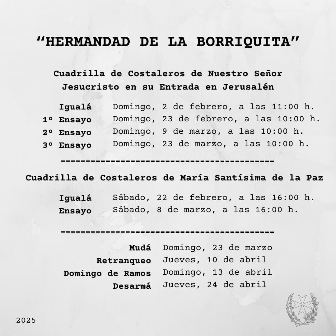 COSTALEROS | 🟣Cuaresma 2025

Así será el calendario de igualás y ensayos para las cuadrillas de costaleros de nuestra Hermandad, de cara al próximo Domingo de Ramos de 2025.

#Cuaresma2025