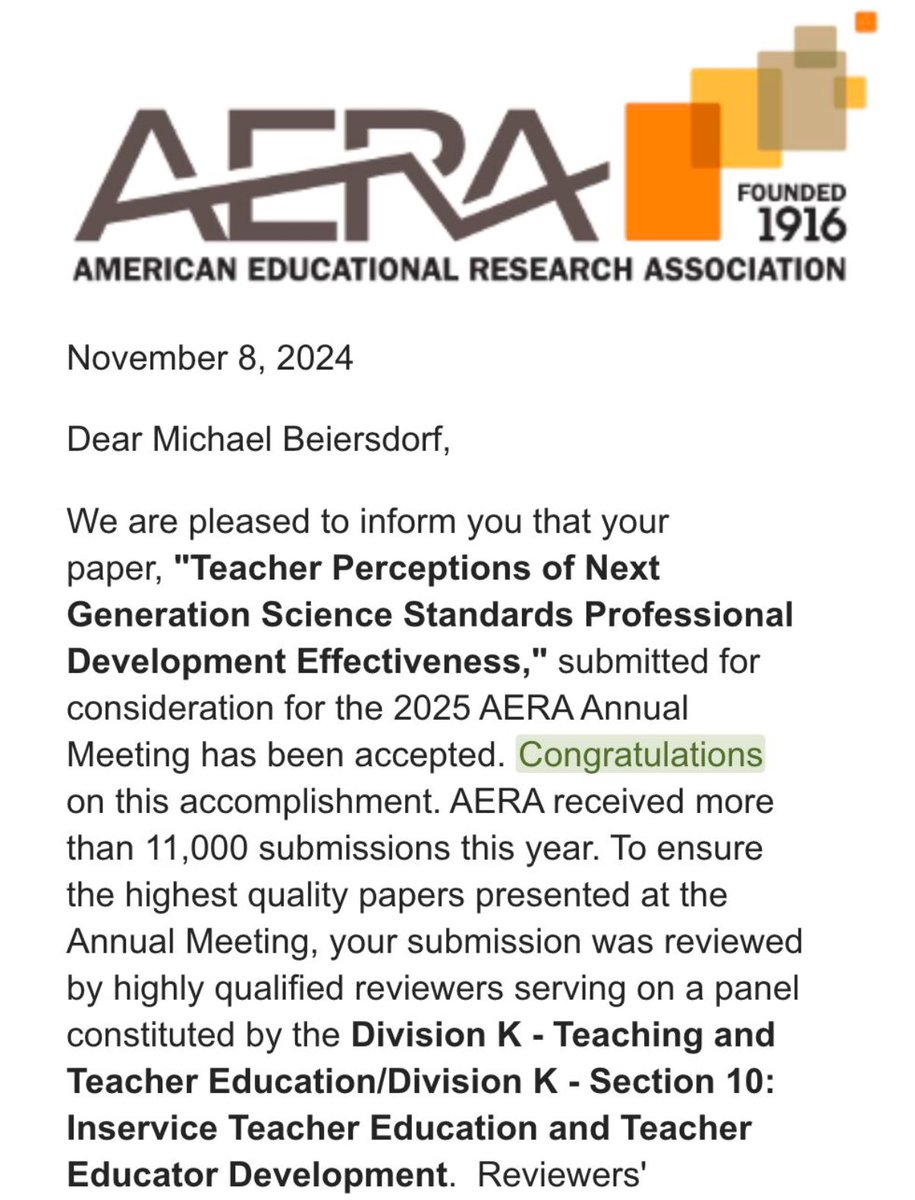 mbeiersdorf's tweet photo. I am honored to have my research examining the professional-development needs of teachers implementing the #NextGenerationScienceStandards selected to be presented at the 2025 AERA Annual Meeting in a session titled "Empowering Teachers through Professional Development." https://t.co/jMSyrpKjcF