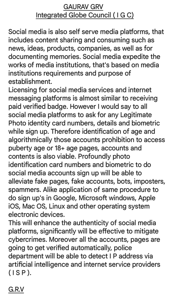 GarvGRV's tweet photo. Probable procedures for safer, secured social media environment. @POTUS @antonioguterres @vonderleyen @shigeruishiba @AlboMP @LulaOficial @RTErdogan @elonmusk @finkd @sundarpichai @tim_cook @BillGates @tiktok_us @kishida230 @CharlesMichel @UN_PGA @INTERPOL_SG @EU_Commission @UN https://t.co/TTEaMiXm9s