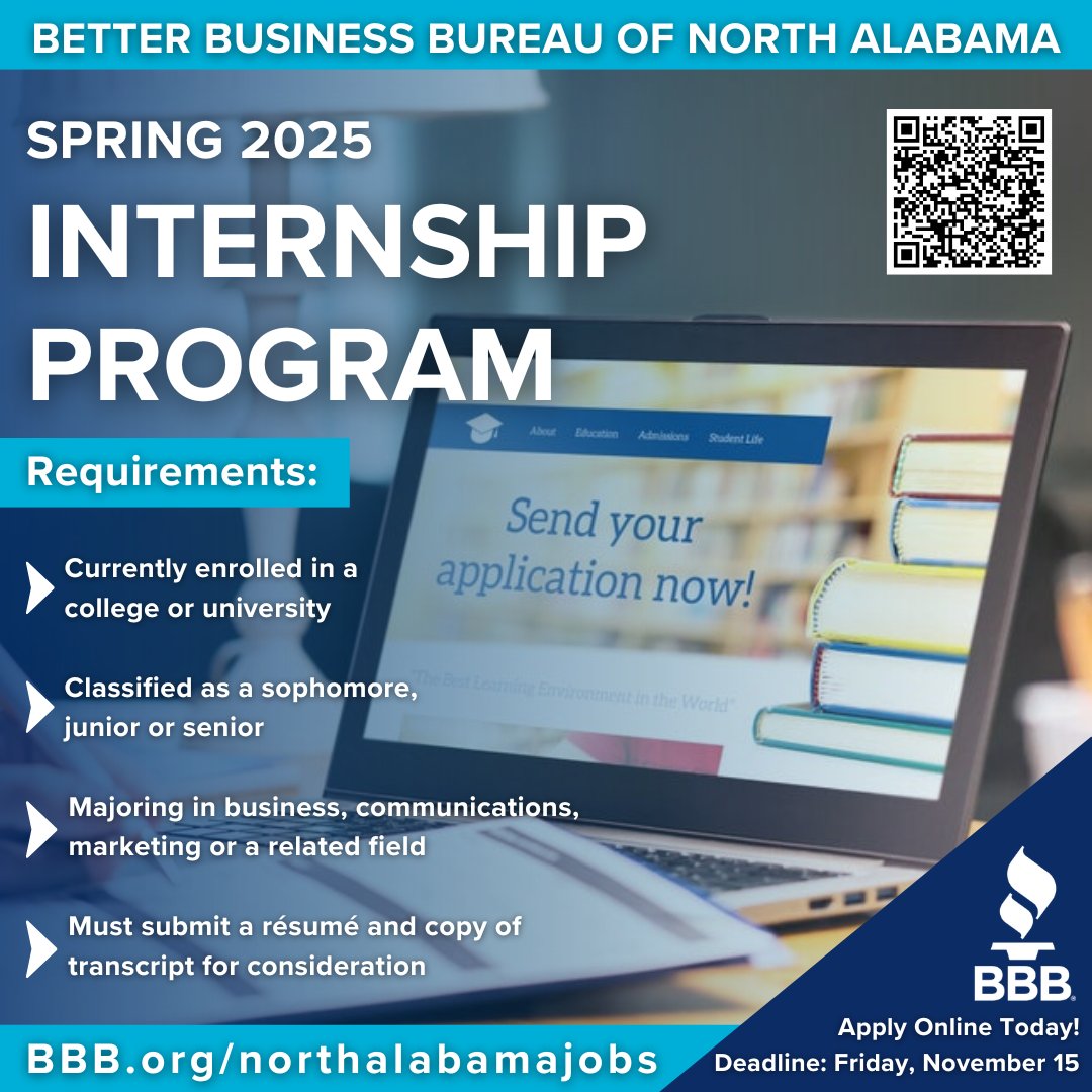 BBBNorthAlabama's tweet image. 📣 Attention College Students! 📣

Looking to gain real-world experience and develop new skills? Apply today for our Spring 2025 Internship Program!

🔗 bbb.org/northalabamajo…

#BBB #SpringInternship #Huntsville