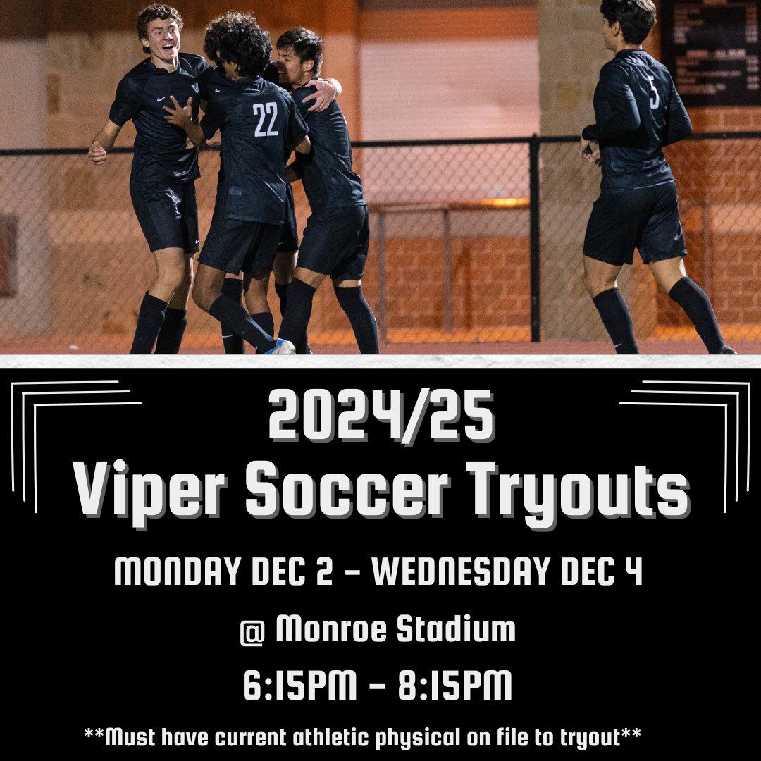 Vandegrift Men’s Soccer (@vipersoccer) on Twitter photo It's getting close to that time of year again!!
See you at tryouts
Contact: jonathan.winship@leanderisd.org with questions It's getting close to that time of year again!!
See you at tryouts
Contact: jonathan.winship@leanderisd.org with questions
