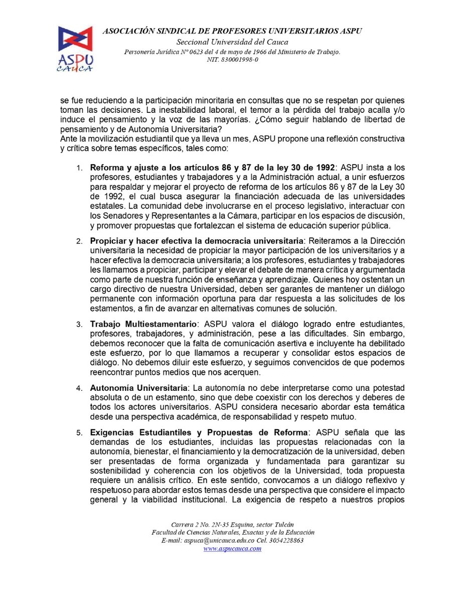 aspucauca's tweet photo. Comunicado 009. ASPU-Cauca, Por un diálogo constructivo en la universidad del Cauca. @Mineducacion @ASPU_Colombia @GobCauca @unicaucaestereo @unicauca @egresadoucauca @DanielRMed https://t.co/vJkvYHfo4y
