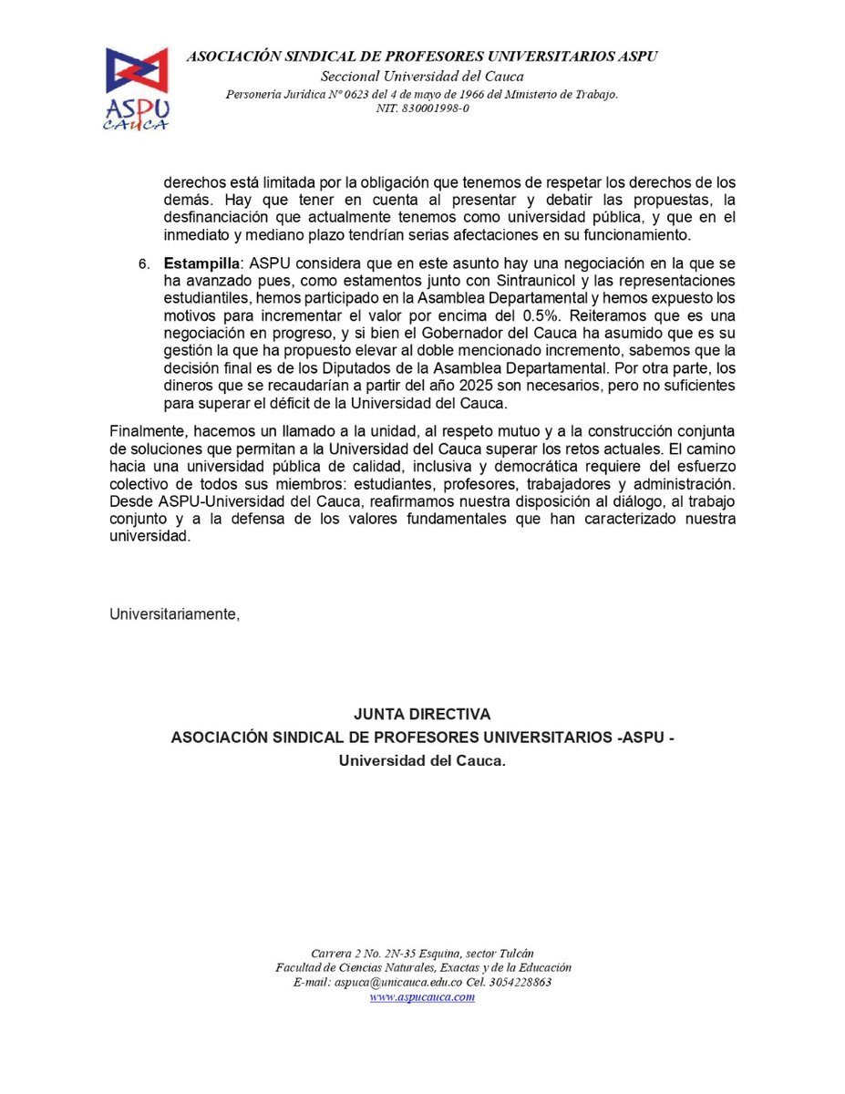 aspucauca's tweet photo. Comunicado 009. ASPU-Cauca, Por un diálogo constructivo en la universidad del Cauca. @Mineducacion @ASPU_Colombia @GobCauca @unicaucaestereo @unicauca @egresadoucauca @DanielRMed https://t.co/vJkvYHfo4y