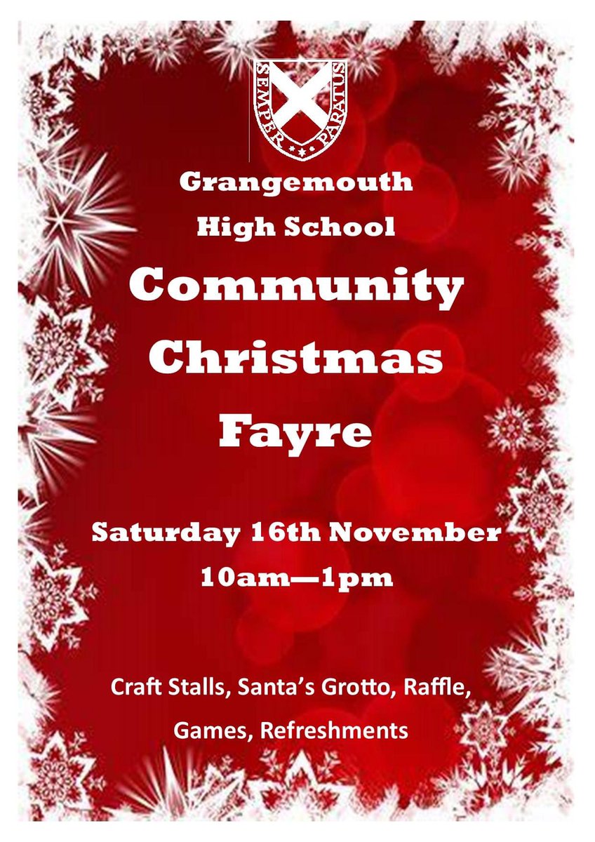 Only two days to go until the <a href="/GrangemouthHS/">Grangemouth HS</a> Christmas Fayre 🎄🎁

Join us on Saturday between 10am &amp; 1pm for lots of stalls, festive fun &amp; a special visitor 🎅🏼

<a href="/GHScaptains24/">GHS Captains</a> <a href="/GHS_ASN_Faculty/">GHS ASN Faculty</a> <a href="/LighthouseGhs/">GHS_Lighthouse</a>