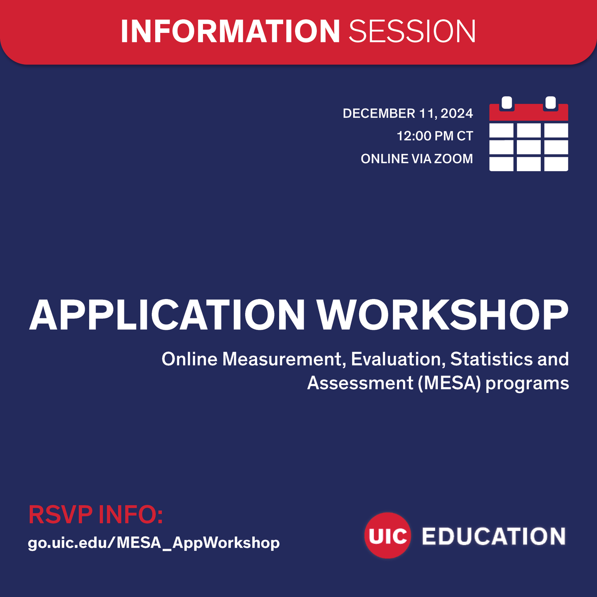 The Spring Application Deadline is approaching! Prepare by attending our Application Workshop on December 11 at noon CT! We will answer any questions you have on the program or compiling materials for your application. RSVP: go.uic.edu/MESA_AppWorksh…