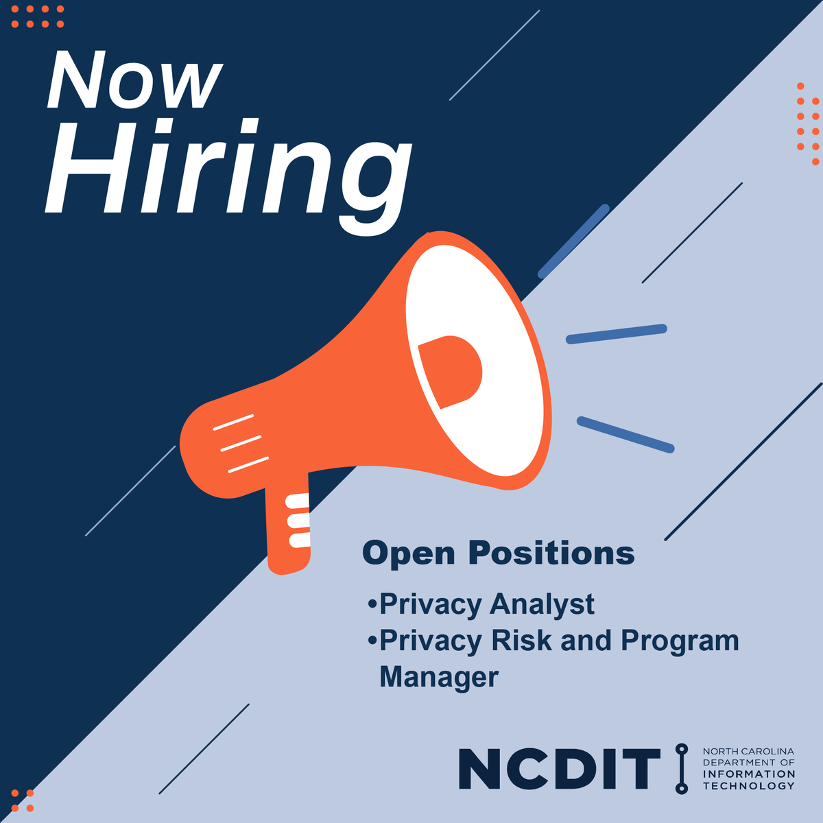 NCDIT's tweet photo. The Office of Privacy and Data Protection, housed within NCDIT, is hiring for two open positions! The deadline to apply for both is Nov. 27.
Privacy Analyst: https://t.co/eLDULJl6te
Privacy Risk and Program Manager: https://t.co/pFSTzNz7Ck
#Work4NCDIT #PrivacyJobs #Work4NC https://t.co/zlJWiE2aEP