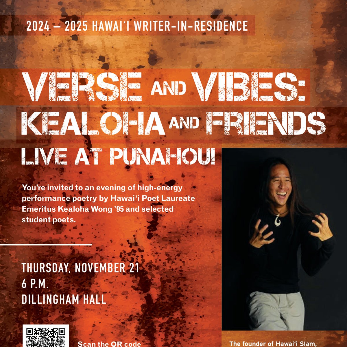 KealohaPoetry's tweet photo. My final event as Punahou's Writer-in-Residence is on Thurs, November 21st @ 6pm. I will be joined by a handful of Punahou students and I’ll perform about an hour of my own original poems and stories. Performance followed by a Q&amp;A. Register to attend here: https://t.co/fa3tl4lgMx https://t.co/r1YyDeFvP9