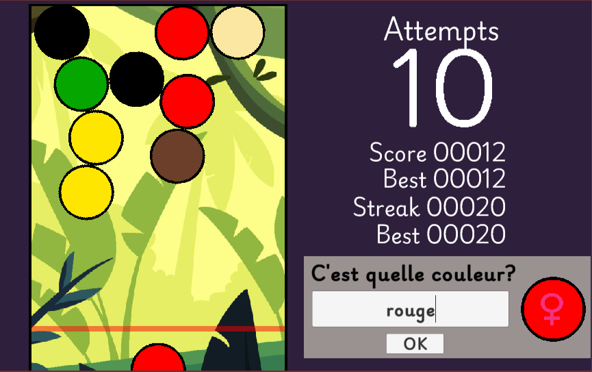 JavaSaurusDev's tweet image. Benefits of being a game developer AND an awesome dad? I get to turn homework into something fun ;) My kid had to learn colors in French, so I made him a bubble shooter game (he gets a ball when the answer is correct)