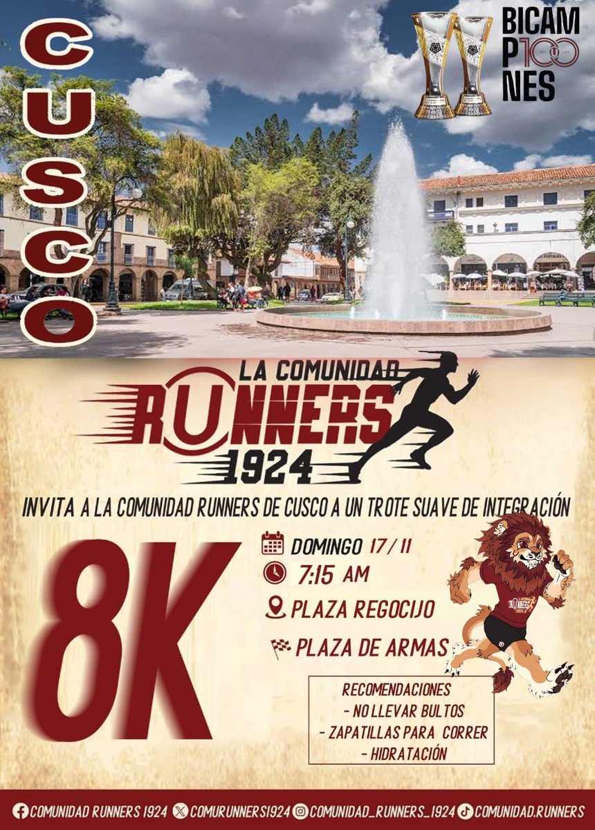comurunners1924's tweet photo. 𝐋𝐚 𝐂𝐨𝐦𝐮𝐧𝐢𝐝𝐚𝐝 𝐑𝐮𝐧𝐧𝐞𝐫𝐬 𝟏𝟗𝟐𝟒 𝐭𝐞 𝐢𝐧𝐯𝐢𝐭𝐚 𝐞𝐬𝐭𝐞 𝐟𝐢𝐧 𝐝𝐞 𝐬𝐞𝐦𝐚𝐧𝐚 𝐚 𝐮𝐧 𝐭𝐫𝐨𝐭𝐞 𝐜𝐫𝐞𝐦𝐚 𝐞𝐧 𝐋𝐢𝐦𝐚 𝐲 𝐂𝐮𝐬𝐜𝐨 ! https://t.co/EHEnv3hyBH
