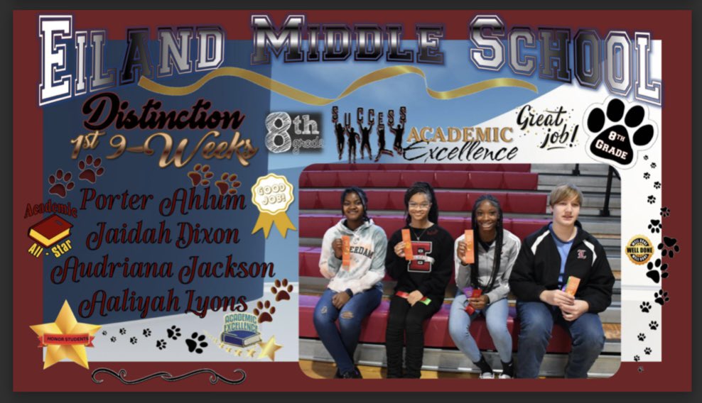 Eiland Middle School (@eilandmiddle) on Twitter photo 1st 9-Weeks Awards
🐾🏆🐾8th Grade Distinction 🐾🏆🐾 1st 9-Weeks Awards
🐾🏆🐾8th Grade Distinction 🐾🏆🐾