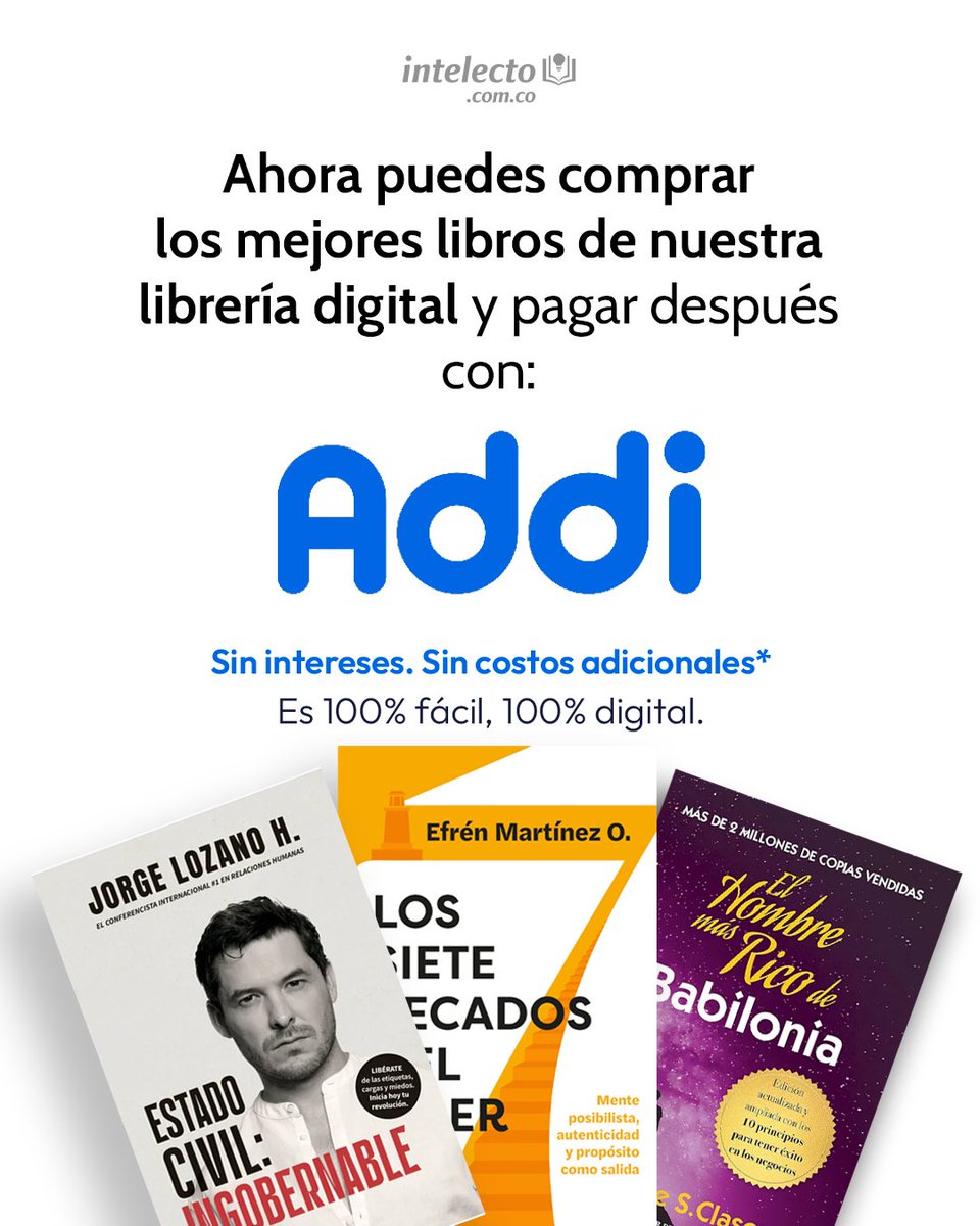 Intelecto_Col's tweet image. Aprende y Crece sin Estrés 🌱

⚠️¡Atención, emprendedores! Ahora puedes adquirir libros en nuestra librería digital y pagar después con ADDI.
✅️Sin intereses ni costos adicionales.
✅️100% fácil y 100% digital.