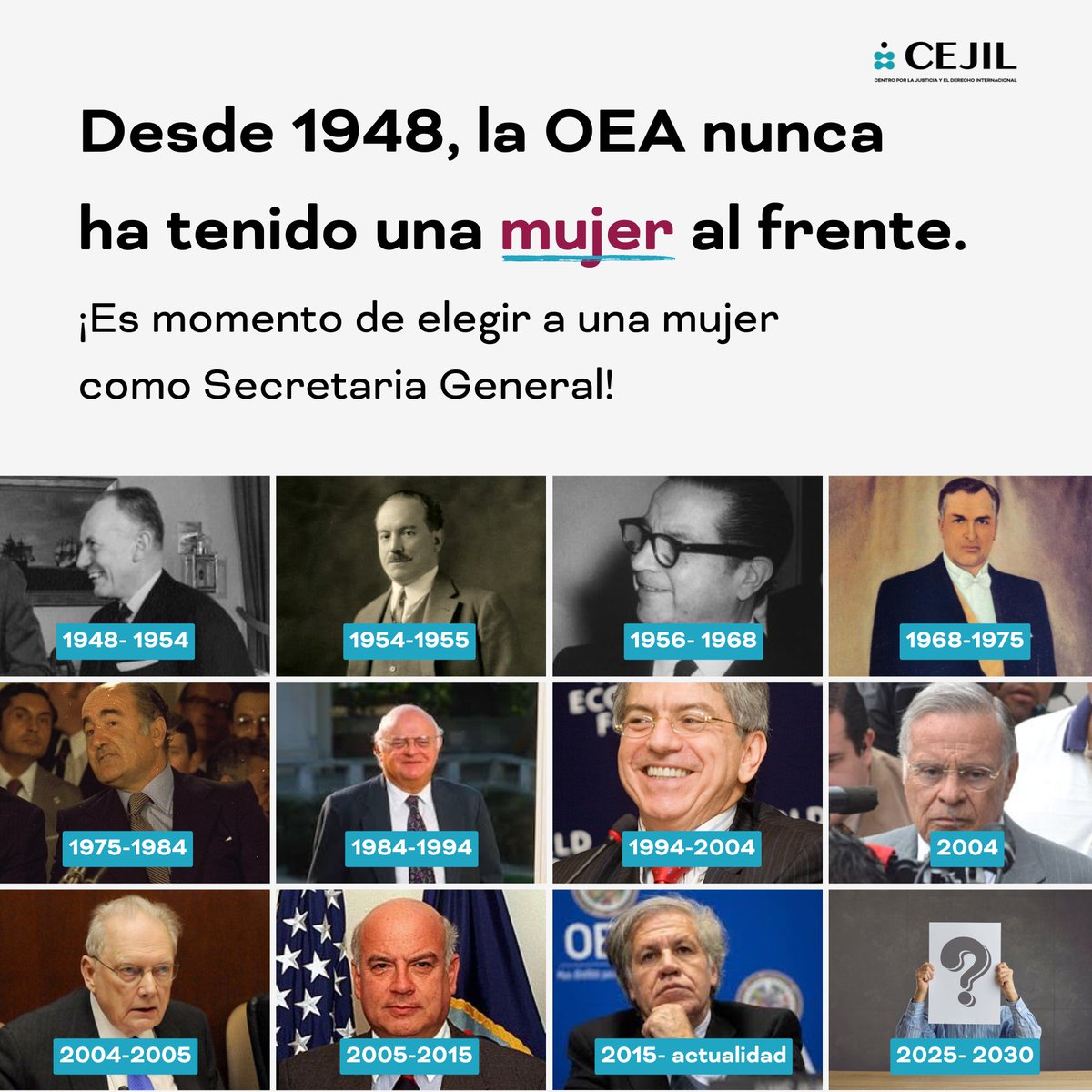 cejil's tweet photo. 🟣En marzo de 2025, la @OEA_oficial elegirá una persona para ejercer la Secretaría General hasta 2030. #CEJIL junto a más de 200 organizaciones nos sumamos a la carta abierta de @GqualCampaign para que por primera vez una #mujer ejerza ese cargo.

📄Carta👉https://t.co/bcsOE5yf0I https://t.co/NdPwCkQwef
