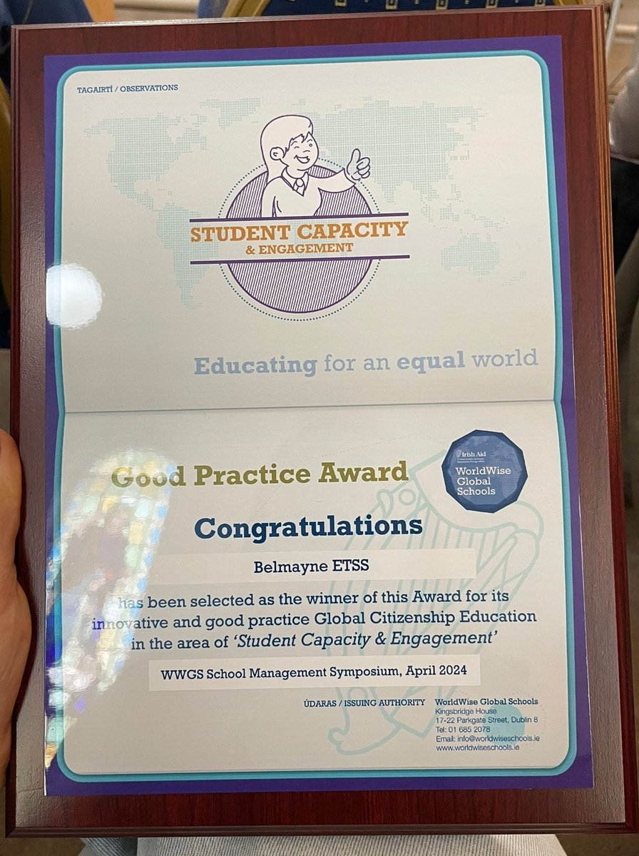 BelmayneEtss's tweet photo. Thanks to our 6th year student leaders who travelled with their teacher Jane to #Portlaoise today to accept the #StudentCapacity award from @WorldWise_Irl Well done to all the students in our schoolππππππ https://t.co/V7W0g5t8JQ