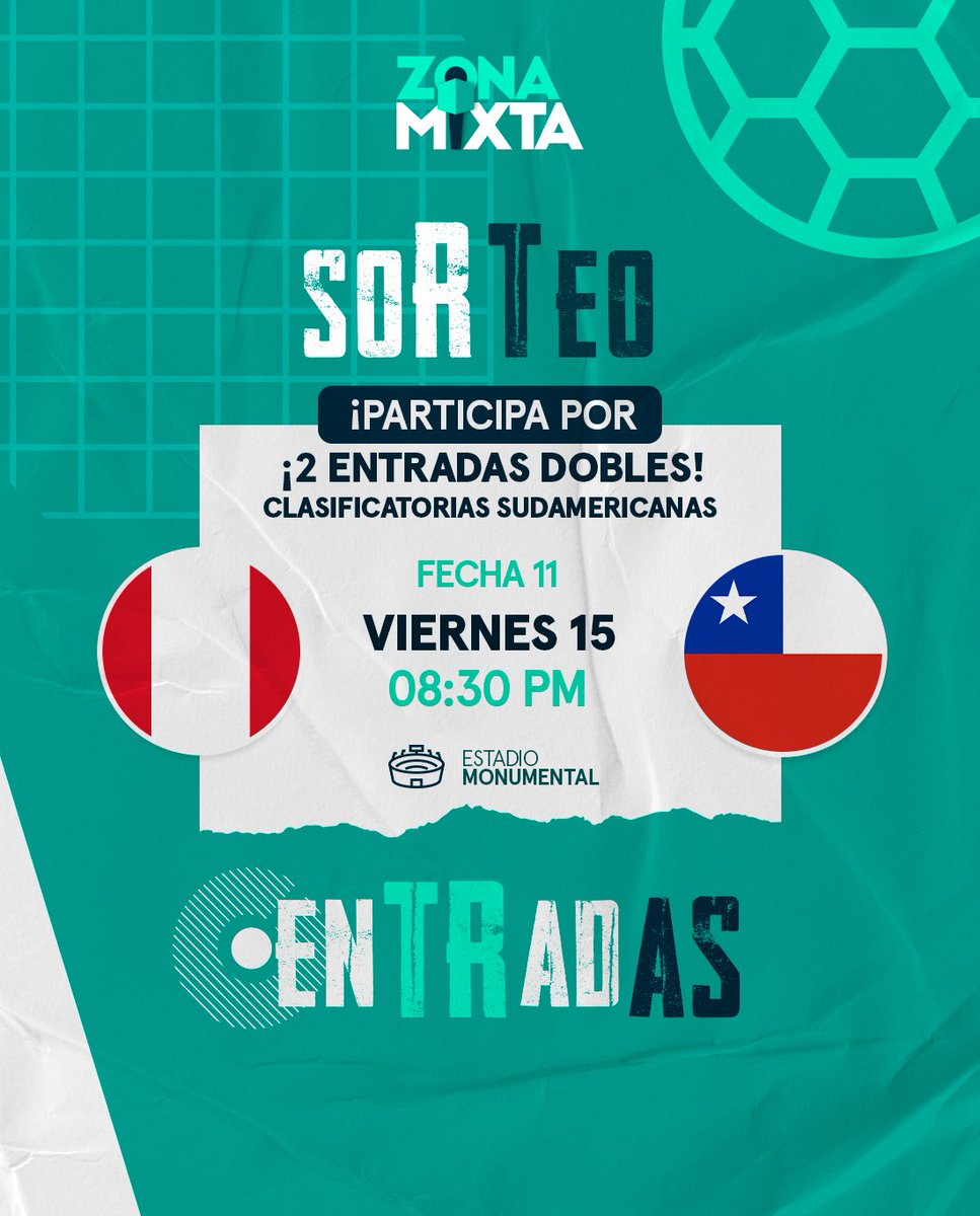 ¿𝗤𝗨𝗜𝗘𝗥𝗘𝗦 𝗚𝗔𝗡𝗔𝗥𝗧𝗘 𝗨𝗡𝗔 𝗗𝗘 𝗟𝗔𝗦 𝟮 𝗘𝗡𝗧𝗥𝗔𝗗𝗔𝗦 𝗗𝗢𝗕𝗟𝗘𝗦 𝗣𝗔𝗥𝗔 𝗘𝗟 𝗣𝗔𝗥𝗧𝗜𝗗𝗢 𝗗𝗘 𝗣𝗘𝗥𝗨́ 𝗩𝗦 𝗖𝗛𝗜𝗟𝗘? 🔥🇵🇪

Sigue estos pasos para ganar y entrar al sorteo: 

1️⃣ Síguenos (<a href="/MovistarDeporPe/">Movistar Deportes</a>) 
2️⃣ Dale RT
3️⃣ Comenta con una foto alentando a