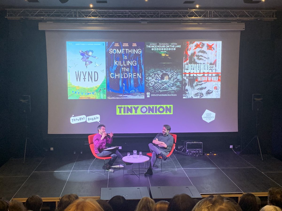 Fascinating talk by <a href="/JamesTheFourth/">James Tynion IV</a> by <a href="/ThoughtBubbleUK/">Thought Bubble Festival</a> and <a href="/CreativeNetwrks/">Creative Networks</a> at <a href="/LeedsArtsUni/">Leeds Arts Uni</a> 

Excited for the main event this weekend.

#tbubs2024 #thoughtbubble #tinyonion #dstlry