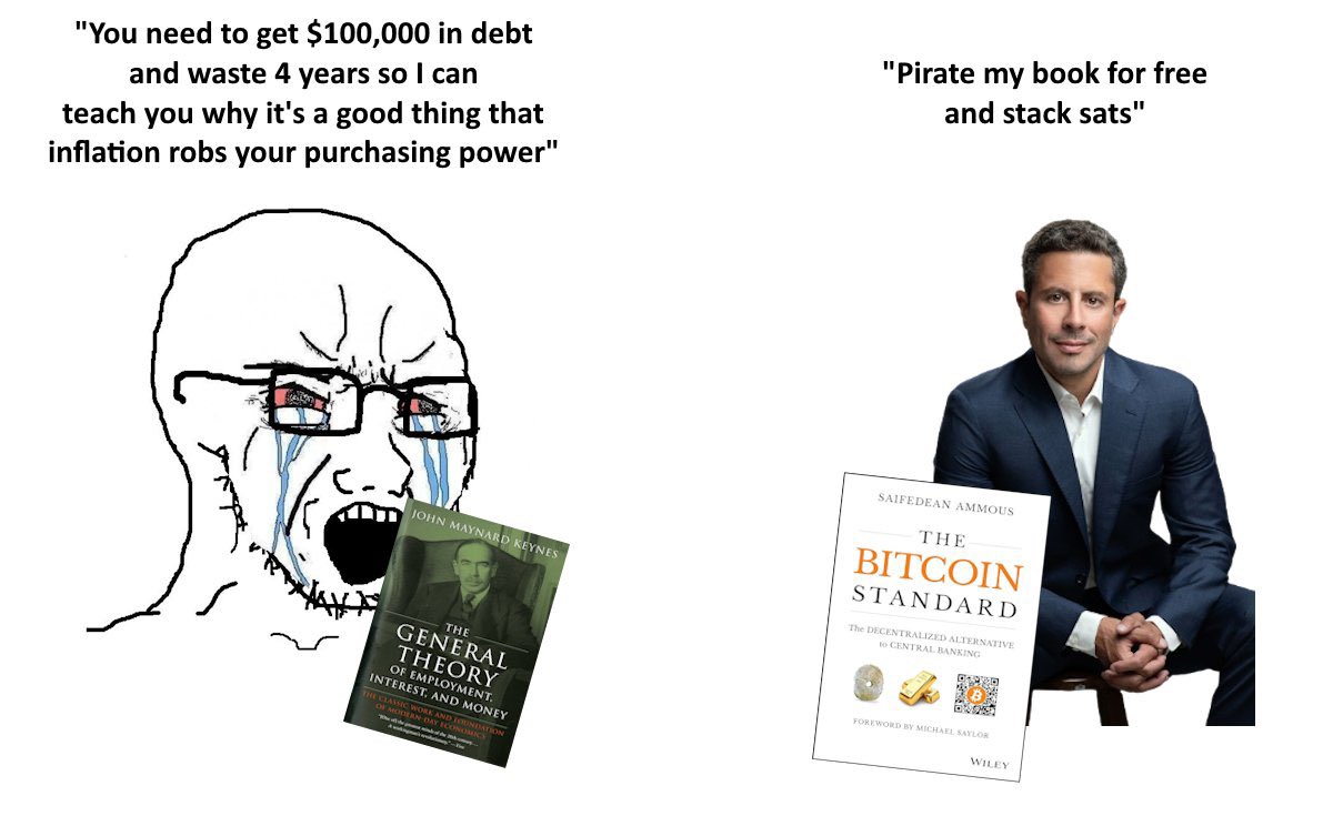 In 2021, I tried to give my college ECON professor a copy of the #Bitcoin standard

He declined

Last week he DM'd me on LI to “congratulate me on my Bitcoins”

I responded with four letters

Can you guess what they were?