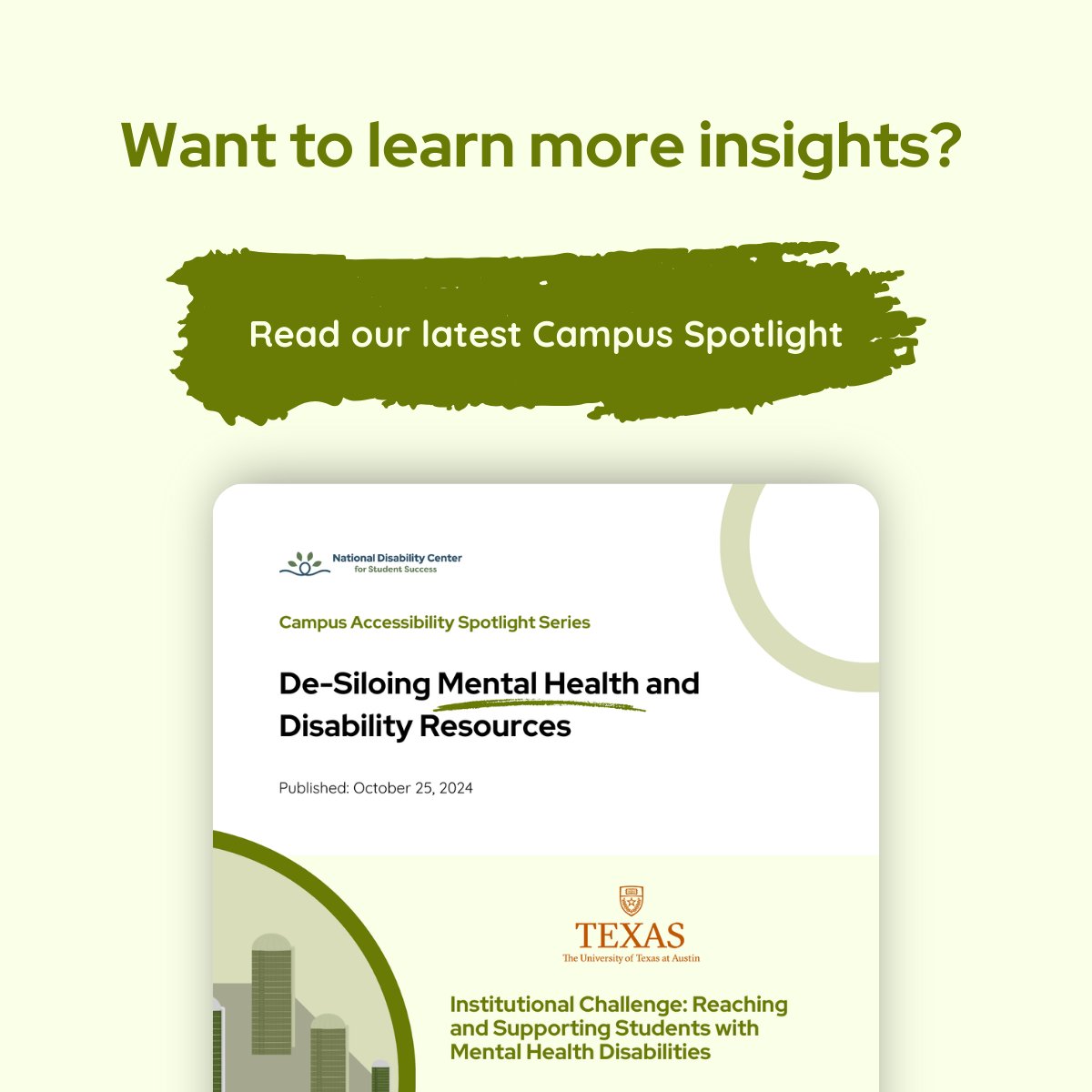National Disability Center for Student Success (@natldisability) on Twitter photo Our latest Campus Spotlight on <a href="/UTAustin/">UT Austin</a> highlights critical findings on #mentalhealth and #disability resources that impact students and what helps bridge gaps, ensuring that support systems work together for student success.
Read: nationaldisabilitycenter.org/resources/de-s…
#HigherEducation Our latest Campus Spotlight on <a href="/UTAustin/">UT Austin</a> highlights critical findings on #mentalhealth and #disability resources that impact students and what helps bridge gaps, ensuring that support systems work together for student success.
Read: nationaldisabilitycenter.org/resources/de-s…
#HigherEducation