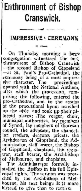 AustAnglican's tweet image. 15 November 1917 (St Machutus): the Rt Revd George Harvard Cranswick (1882-1954) installed and enthroned in St Paul's Pro-Cathedral as second Bishop of Gippsland. #anglican @gippsanglican #107years A wartime enthronement, "the proceedings opened with the National Anthem."