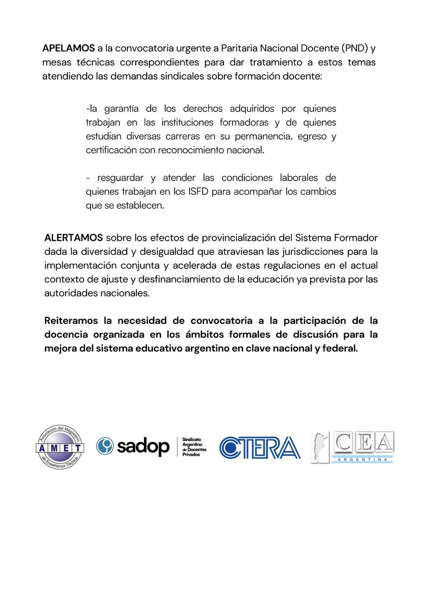 cteracta's tweet photo. 🛑 ALERTAMOS POR LA REFORMA CURRICULAR DE LA FORMACIÓN DOCENTE QUE EL GOBIERNO IMPONE A ESPALDAS DE LA DOCENCIA. DENUNCIAMOS LA IMPLEMENTACIÓN DE UN NUEVO SISTEMA DE ACREDITACIÓN PARA LA FORMACIÓN DOCENTE. RECLAMAMOS LA CONVOCATORIA URGENTE A LA PARITARIA NACIONAL. https://t.co/JPUHMMcRF7