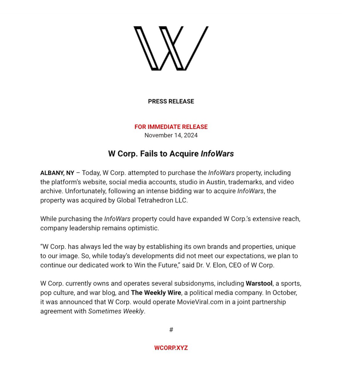 WCorpXYZ's tweet image. Congratulations to @GlobTetrahedron on acquiring InfoWars.