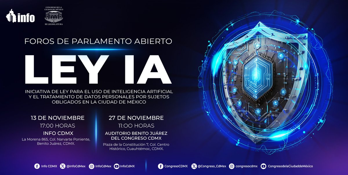 🤖💻| Acompáñenos en el Foro de Parlamento Abierto sobre la "Ley para el Uso de IA y Tratamiento de Datos Personales por sujetos obligados en la #CDMX".
¡No se lo pierdan!
📍 Auditorio Benito Juárez del <a href="/Congreso_CdMex/">Congreso de la Ciudad de México</a>
🗓️ 27 de noviembre
⏰ 11:00 hrs.
