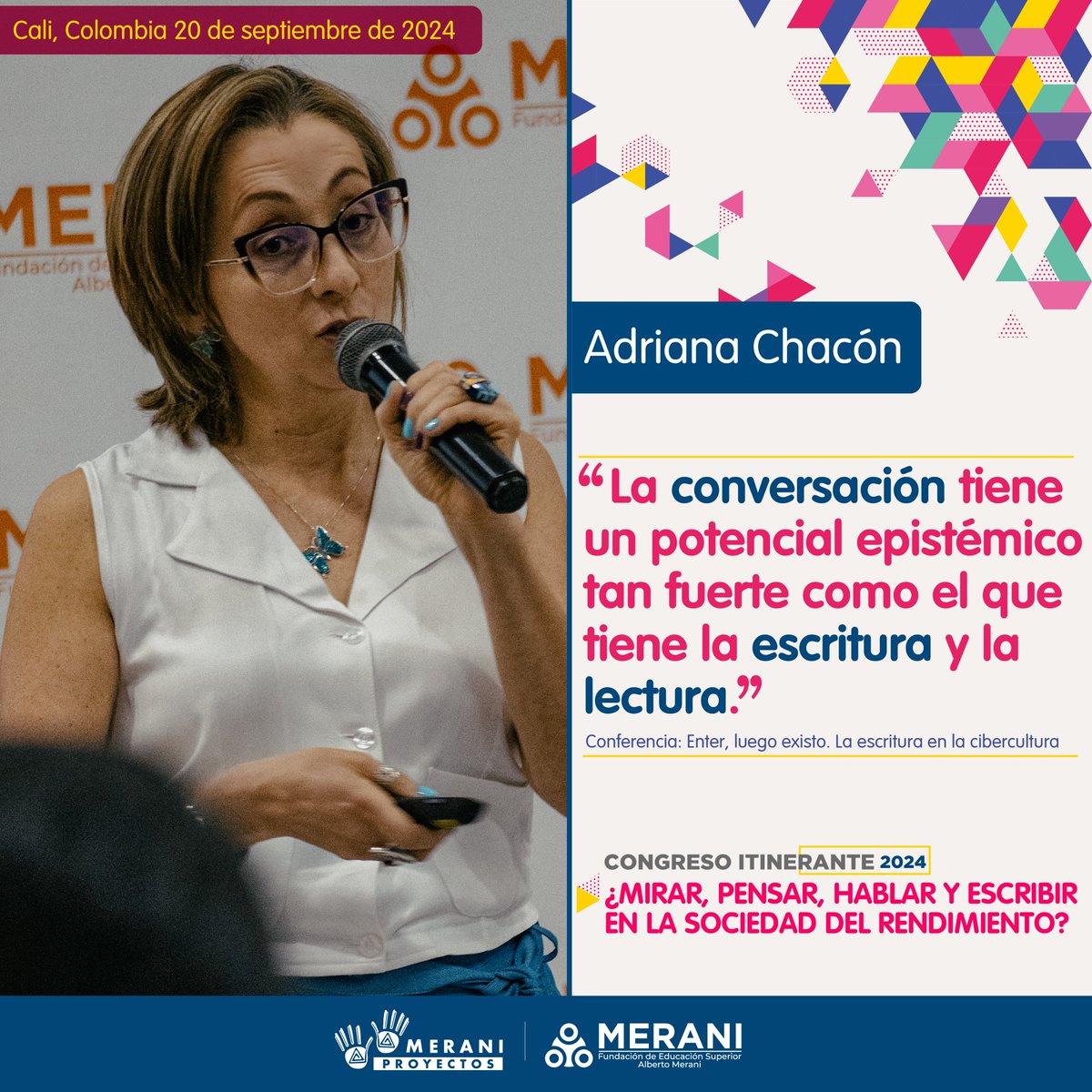 #Perspectivas 

🗣️En la segunda jornada del #Congreso2024 ¿Mirar, Pensar, Hablar y Escribir en la Sociedad del Rendimiento?, Adriana Chacón ofreció una reflexión profunda sobre el poder transformador de la #conversación y su rol esencial en los procesos educativos contemporáneos.