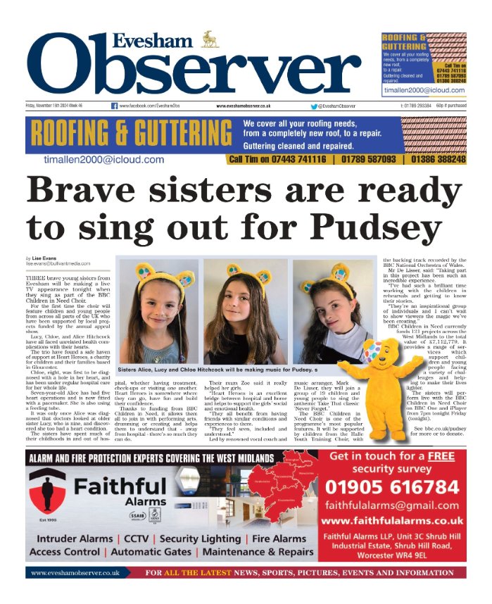 AndyGibsonTV's tweet photo. Evesham Observer: "BRAVE SISTERS ARE READY TO SING OUT FOR PUDSEY"
@MoreThanPR leads for @EveshamObserver.
FULL STORY: https://t.co/kKfgSAsU9m
Three Evesham sisters will be on TV when they sing in the BBC Children In Need Choir.
#EveshamObserver
#IBPapers
#TomorrowsPapersToday https://t.co/oriMPZy5Qm