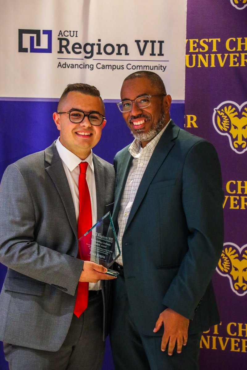 Huge congrats to Serafina Genise (Outstanding New Professional) and Ryan Breyta (Outstanding Graduate Student), our Student Centers and Activities team members, who were recognized at the ACUI Region VII Conference held at West Chester University. Proud of our amazing staff! 🎉