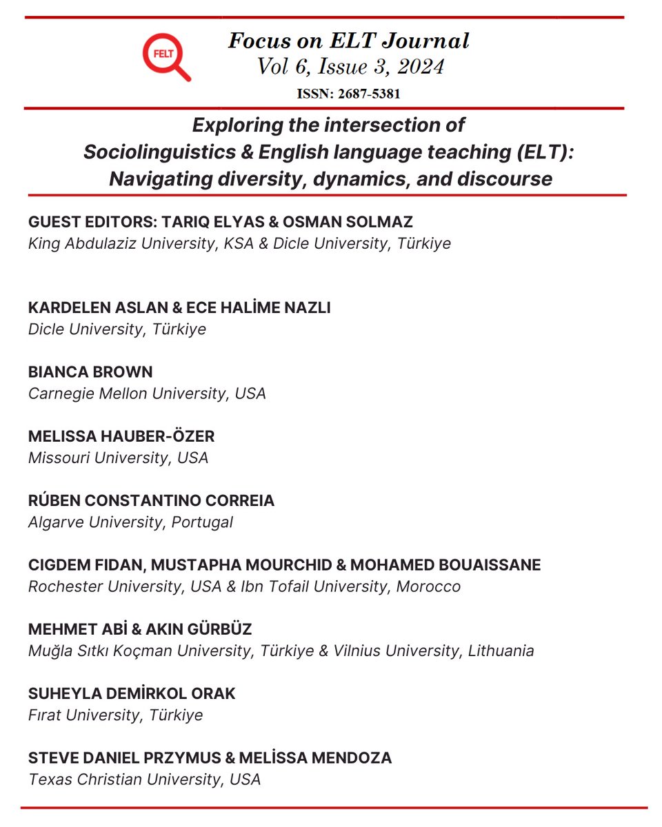 Focus on ELT Journal (@focusonelt) on Twitter photo Happy to share Focus on ELT Journal 6(3) on #sociolinguistics:
'Exploring the intersection of Sociolinguistics and English language teaching (ELT): Navigating diversity, dynamics, and discourse'
Free to access & download: focusonelt.com/index.php/foe/…
<a href="/TrElyas/">Prof. Tariq Elyas أ.د طارق الياس</a> <a href="/osmanAZ/">Osman Solmaz</a> #FocusonELT Happy to share Focus on ELT Journal 6(3) on #sociolinguistics:
'Exploring the intersection of Sociolinguistics and English language teaching (ELT): Navigating diversity, dynamics, and discourse'
Free to access & download: focusonelt.com/index.php/foe/…
<a href="/TrElyas/">Prof. Tariq Elyas أ.د طارق الياس</a> <a href="/osmanAZ/">Osman Solmaz</a> #FocusonELT