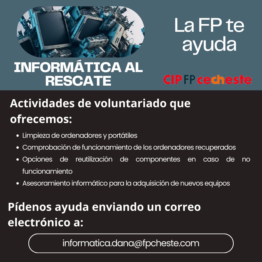 Informática al rescate. Como aporte a la recuperación de zonas afectadas por la #DANA , el alumnado de #informática y comunicaciones de fpcheste.com va a realizar una serie de actividades de voluntariado enfocadas a la comunidad. + Info  informatica.dana@fpcheste.com