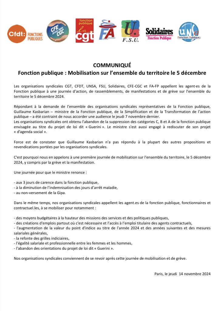 🚨 Le 5 décembre, premier jour de grève et de manif ✊
➡️ pour que le gouvernement renonce aux 3 jours de carence et à toutes les attaques envers les fonctionnaires
➡️ Pour un autre budget, avec des postes et une revalorisation salariale 💶

#EnGreve #5Decembre #Greve5Decembre