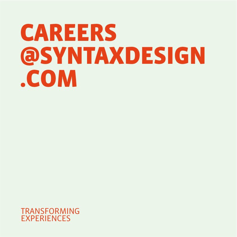 Calling brand strategists of all levels of experience. Join a close-knit team doing meaningful, challenging work with impact, for a healthy mix of startup, corporate, governmental and non-profit clients. And we didn’t start doing this yesterday 🙂 careers@syntaxdesign.com