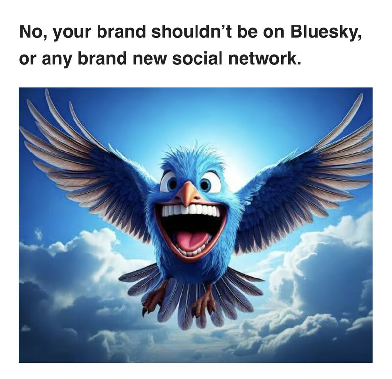 jappleby's tweet photo. No, your brand shouldn't bail on Twitter for Bluesky. 

None of the Twitter competitors (minus Threads) have any viability for brands. They're too small, not optimized for brand. content, &amp; there's no benefit to being early.

Read my take: https://t.co/zLVIbJoPUY https://t.co/tOPeIpLJ99