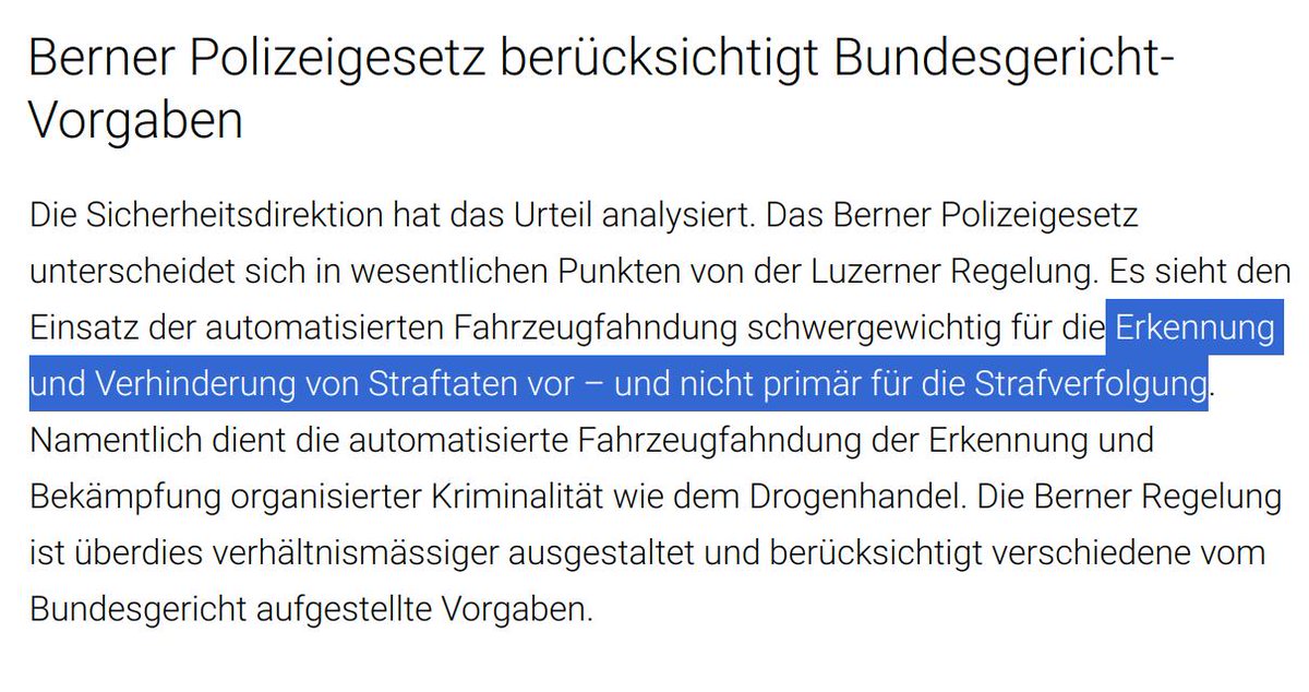 Der Kt. Bern findet, sein Fahrzeugfahndungsgesetz sei «nicht primär für die Strafverfolgung», sondern zB für die «Erkennung und Bekämpfung organisierter Kriminalität».

Wir einfach Leute hätte ja gesagt, das sei das selbe, aber you do you, Bern (ömu bis das BGer entscheidet)🤷