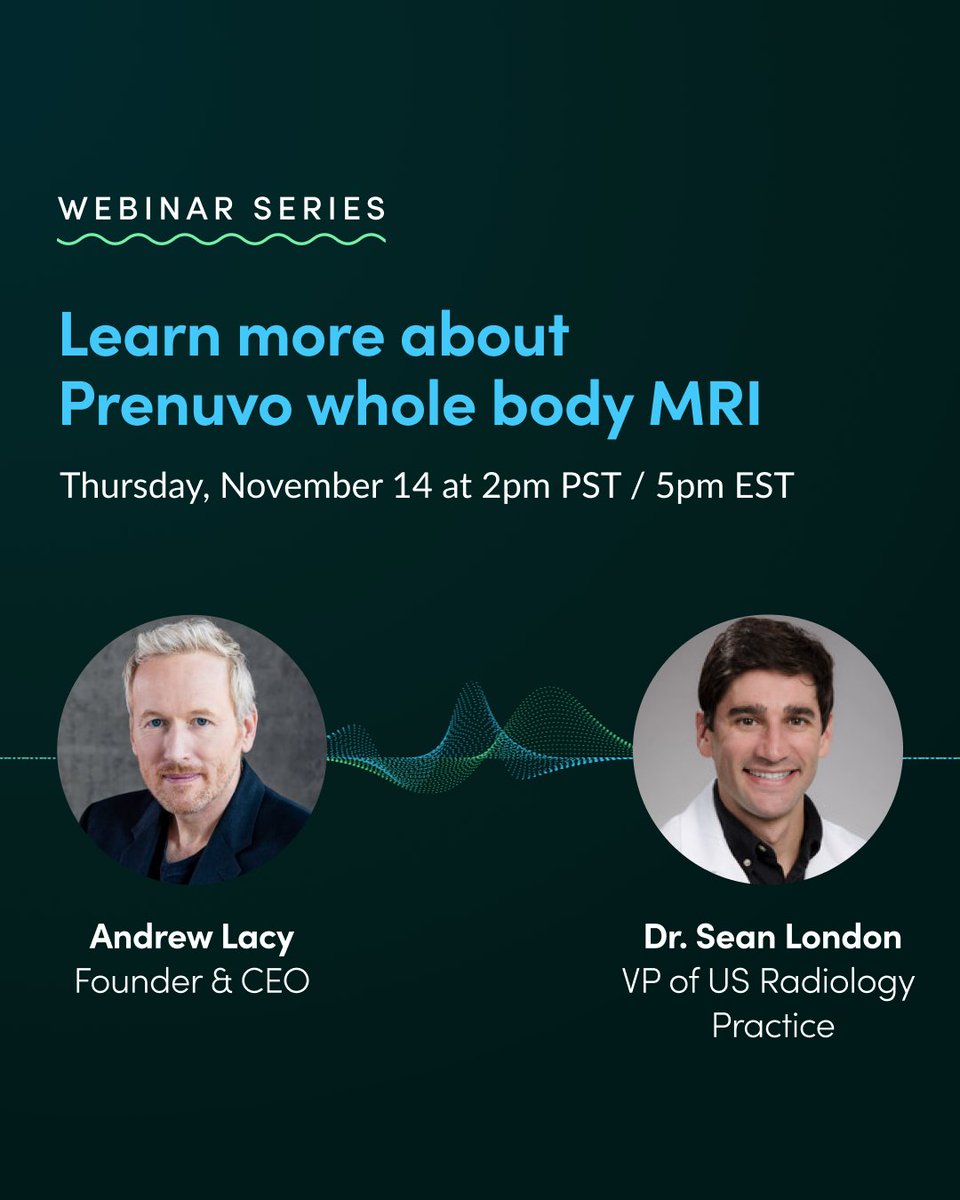 prenuvo (@prenuvo) on Twitter photo Join our interactive webinar today at 2pm PST (5pm EST).
Here's what to expect:
- A live Q&A with Prenuvo founder & CEO, <a href="/andrewlacy/">Andrew Lacy</a>, and our VP of Radiology Practice, Dr. Sean London
- An immersive look inside the human body with our cutting-edge MRI technology
Secure your Join our interactive webinar today at 2pm PST (5pm EST).
Here's what to expect:
- A live Q&A with Prenuvo founder & CEO, <a href="/andrewlacy/">Andrew Lacy</a>, and our VP of Radiology Practice, Dr. Sean London
- An immersive look inside the human body with our cutting-edge MRI technology
Secure your