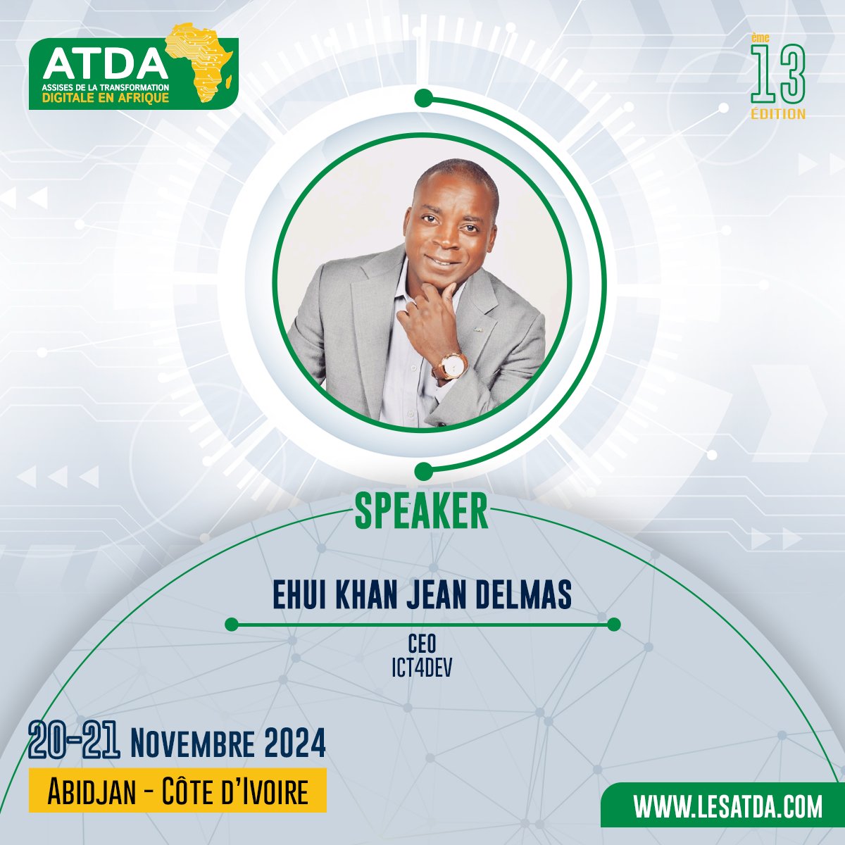 🚨 #ATDA2024 : Découvrez les acteurs du numérique africain 🌍

Nous sommes ravis de vous présenter <a href="/Delmo225/">Jean-Delmas Ehui</a>, CEO, <a href="/dev_ict4/">ICT4Dev</a>, qui interviendra en tant que 𝗦𝗽𝗲𝗮𝗸𝗲𝗿 lors de nos sessions à #Abidjan les 20 et 21 novembre 2024 🇨🇮

Programme ➡️ lesatda.com/programme-atda…

#ATDA