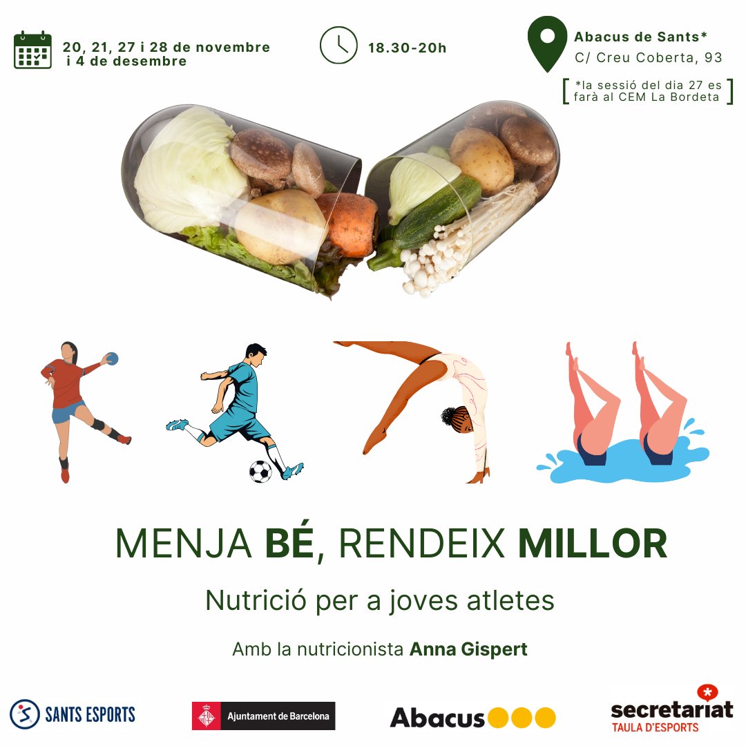 SANTS ESPORTS (@sants_esports) on Twitter photo 🤔 Si mai t'has preguntat què cal menjar abans d'un entrenament o d'una competició, et recomanem aquest taller sobre nutrició esportiva per a joves atletes.
🙋 Hi participaran cinc entitats del barri <a href="/HandbolBCNSants/">CEH BCN SANTS UBAE</a>, <a href="/CGBarcelona/">CGBarcelona</a>, <a href="/santsgimnastic/">Sants Gimnàstic</a>, <a href="/uesants/">UE Sants</a> i <a href="/CEMediterrani/">Club Esportiu Mediterrani</a>. 🤔 Si mai t'has preguntat què cal menjar abans d'un entrenament o d'una competició, et recomanem aquest taller sobre nutrició esportiva per a joves atletes.
🙋 Hi participaran cinc entitats del barri <a href="/HandbolBCNSants/">CEH BCN SANTS UBAE</a>, <a href="/CGBarcelona/">CGBarcelona</a>, <a href="/santsgimnastic/">Sants Gimnàstic</a>, <a href="/uesants/">UE Sants</a> i <a href="/CEMediterrani/">Club Esportiu Mediterrani</a>.