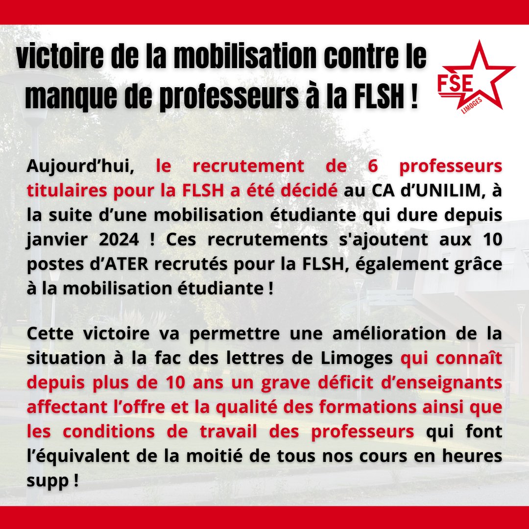 🔴Victoire de la mobilisation contre le manque de professeurs à la FLSH 

Un grand merci au soutien de tout les étudiant(e)s qui ont rendu possible cette mobilisation ! 
Grâce à l'action étudiante nous pouvons sauver nos facs !