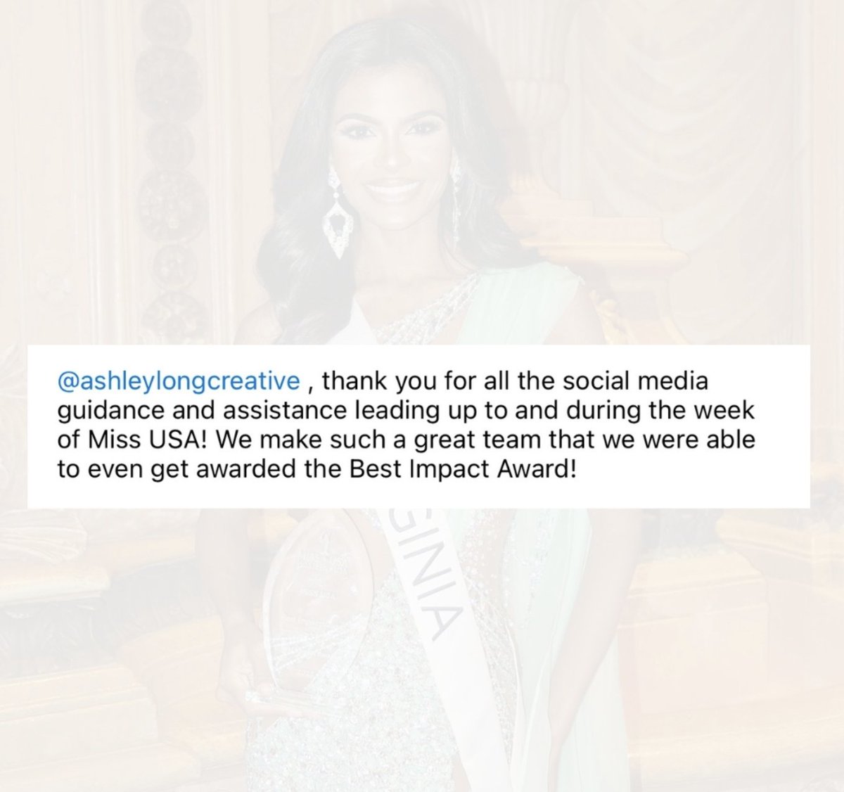 I’m so grateful for the fantastic review from Miss Virginia USA! Thank you for the kind words and for letting me be a part of your journey leading up to and during <a href="/MissUSA/">Miss USA</a>.