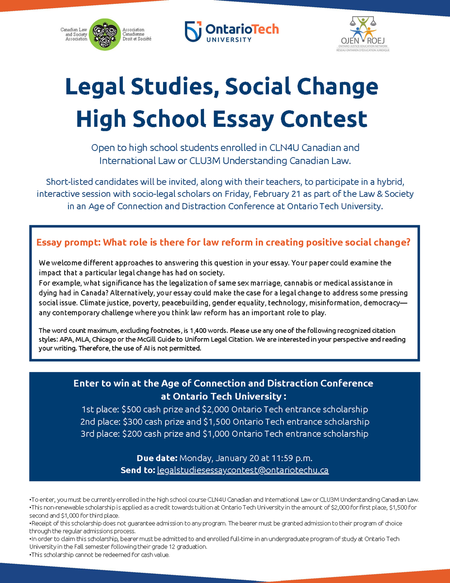 New essay contest for high school students! Ontario Tech University &amp; the Canadian Law and Society Association invite Ontario students to enter an essay contest on the topic: What role is there for law reform in creating positive social change?

More info: ojen.ca/en/program/leg…