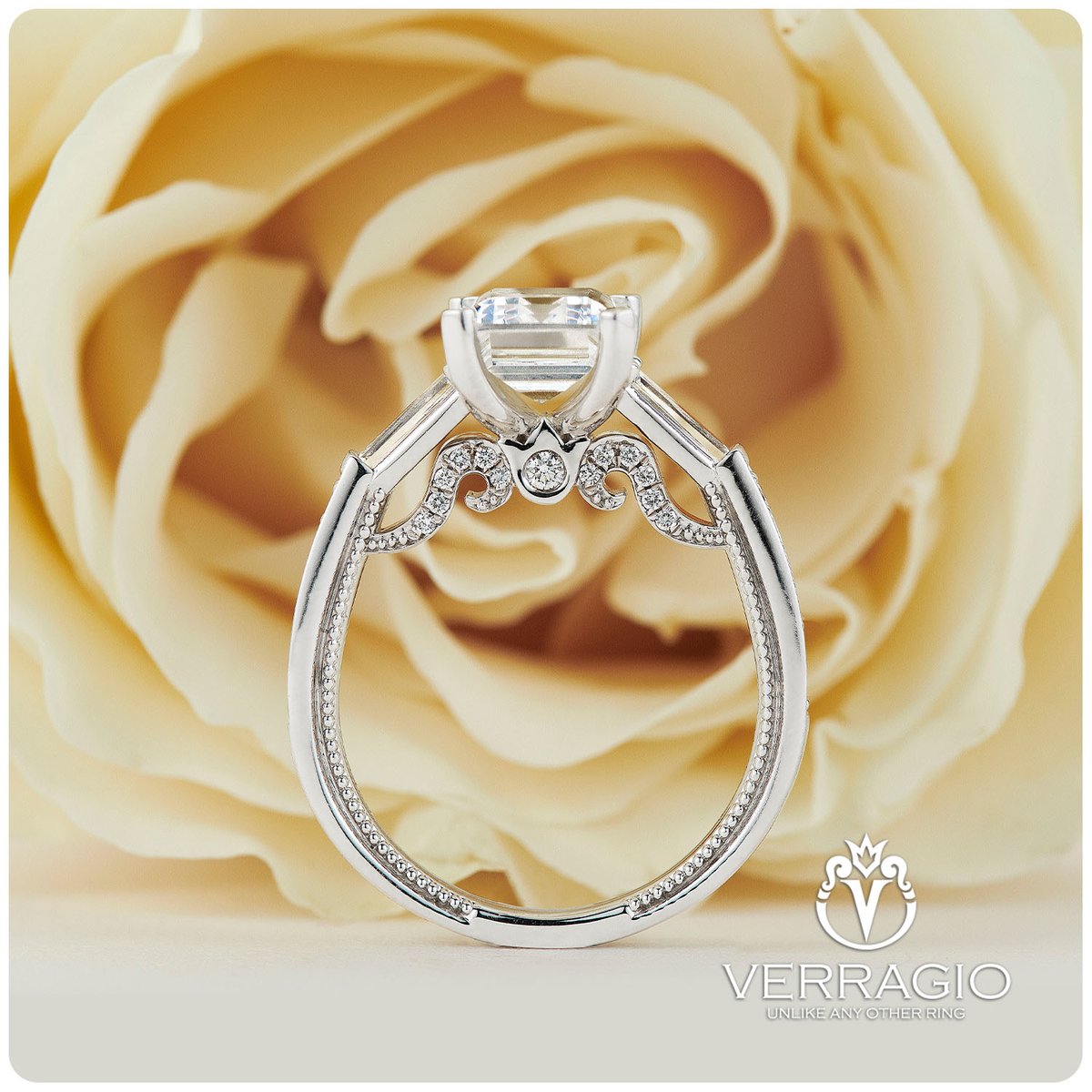 Say 𝒴𝑒𝓈 to 𝐹𝑜𝓇𝑒𝓋𝑒𝓇 with the sparkling symbol of your love. ✨❤️ 💍: Insignia-7110-EM. Visit us at Verragio.com to see more of our latest styles, get pricing information, and locate a store near you. #EngagementRing #LoveRings #Verragio  #ThreeStoneRing