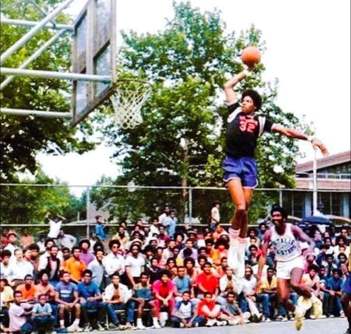 Julius Erving soaring at Rucker Park in 1974.