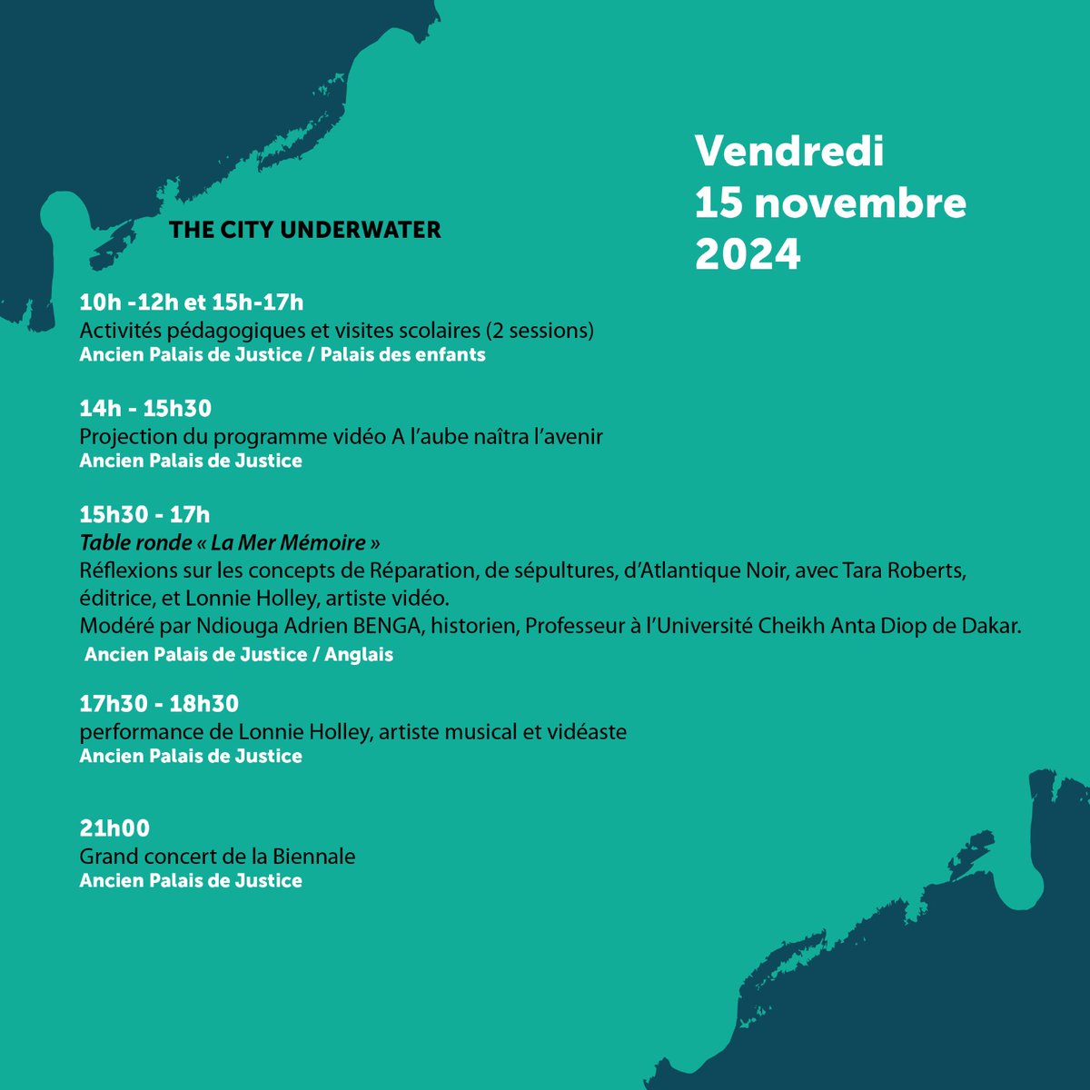 Dak'Art Biennale (@dak_artbiennale) on Twitter photo Programme du vendredi 15 Novembre 2024 
Rejoignez-nous pour célébrer l’art et la créativité! 
📆 𝐃𝐮 𝟕 𝐧𝐨𝐯𝐞𝐦𝐛𝐫𝐞 𝐚𝐮 𝟕 𝐝𝐞́𝐜𝐞𝐦𝐛𝐫𝐞 𝟐𝟎𝟐𝟒
Pour plus d’informations sur biennaledakar.org
#thewake #programmedakart2024 Programme du vendredi 15 Novembre 2024 
Rejoignez-nous pour célébrer l’art et la créativité! 
📆 𝐃𝐮 𝟕 𝐧𝐨𝐯𝐞𝐦𝐛𝐫𝐞 𝐚𝐮 𝟕 𝐝𝐞́𝐜𝐞𝐦𝐛𝐫𝐞 𝟐𝟎𝟐𝟒
Pour plus d’informations sur biennaledakar.org
#thewake #programmedakart2024