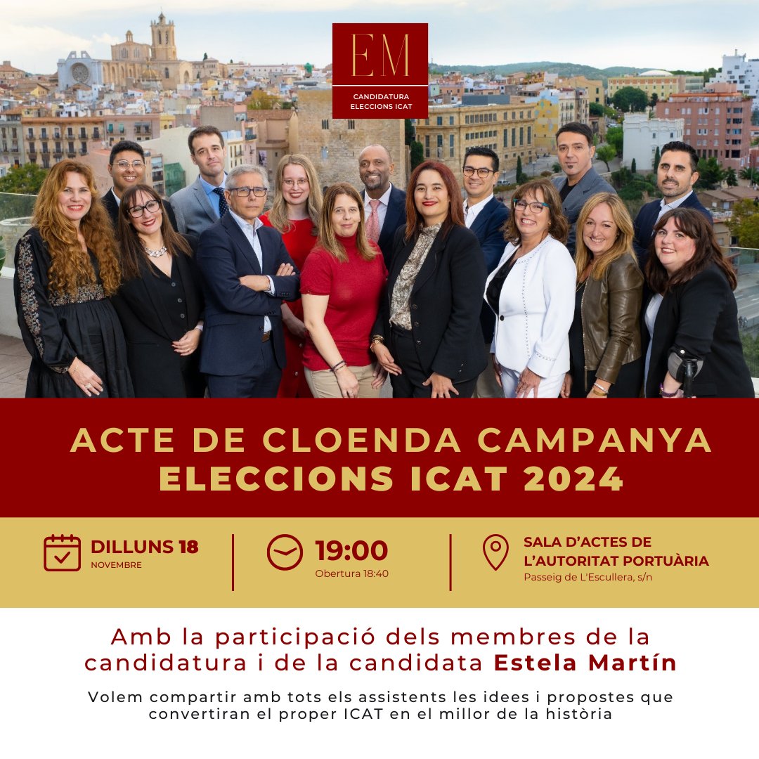 Estela2020C's tweet photo. #CandidaturaEstelaMartin2024 | Acte de cloenda campanya eleccions ICAT

📆 Dilluns 18 novembre
🕐 19:00h. (Obertura 18:40)
📍 Sala d’actes de l’Autoritat Portuària - Passeig de L'Escullera, s/n

👥 Amb la participació dels membres de la candidatura i de la candidata Estela Martín https://t.co/FBWT8tVLXo
